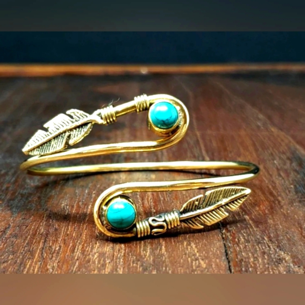 Gold Feather Turquoise Cuff Bracelet